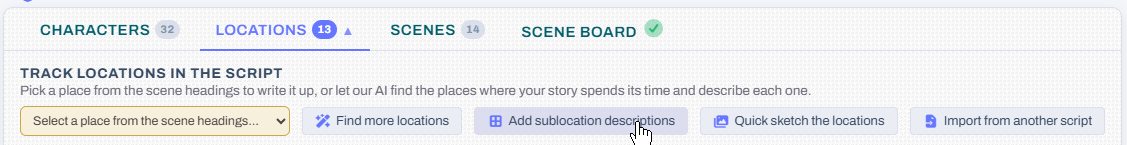 The Locations tab, with the Add sublocation descriptions button beside Find more locations and Quick sketch the locations