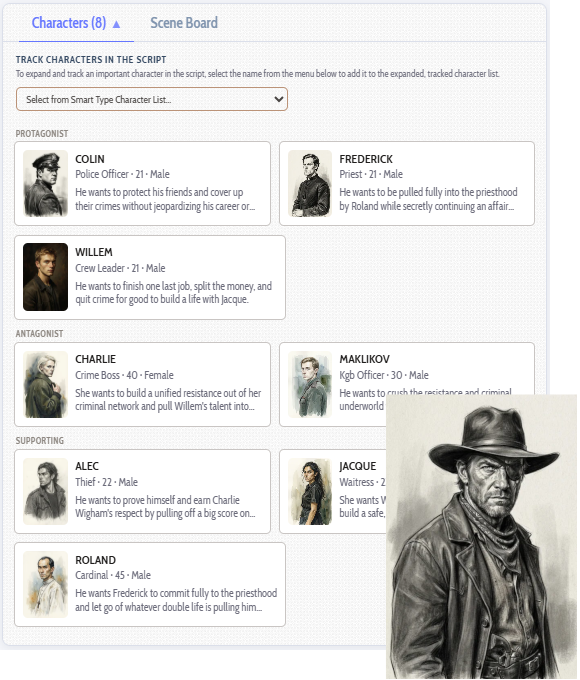 The Characters tab of a screenplay listing eight tracked characters by role with their profiles, and a charcoal sketch drawn for one of them