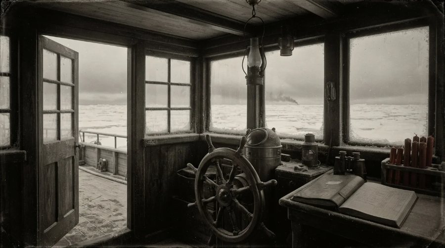 Inside the Californian&rsquo;s wheelhouse: the wheel, a logbook on the desk, ice through the windows