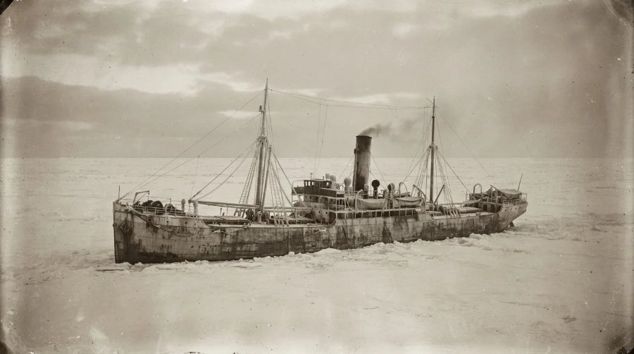 The Californian alone in a field of ice, as an old sepia photograph