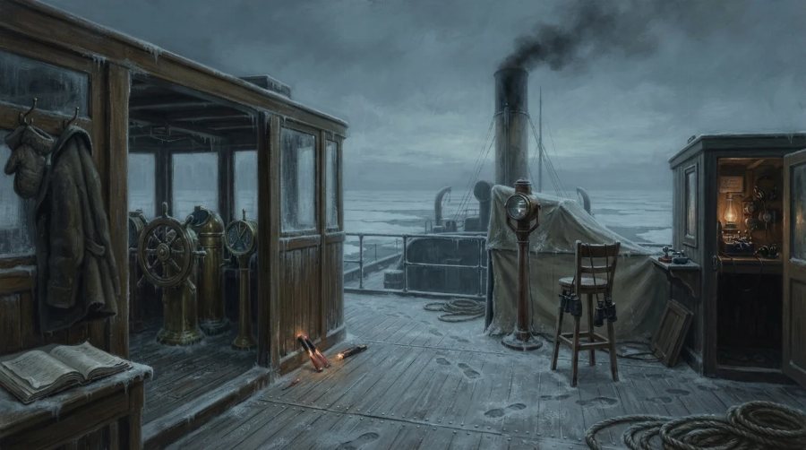 On the Californian&rsquo;s open bridge deck at dusk, ice and smoke beyond the rail
