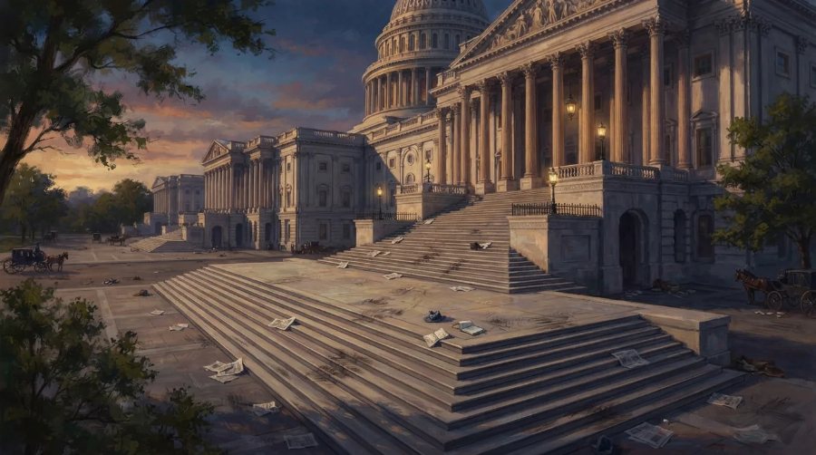 The steps of the Capitol in Washington at sunset, with horse-drawn carriages