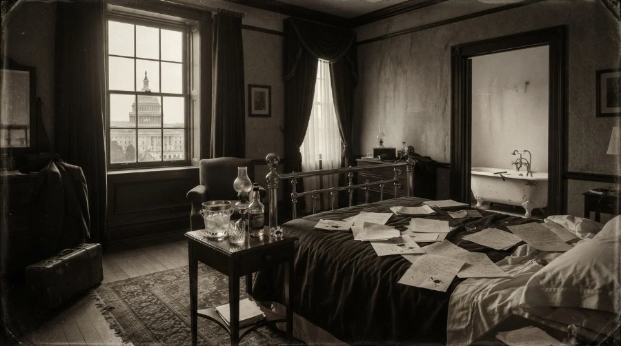 An untidy hotel room with papers across the bed and the Capitol dome through the window