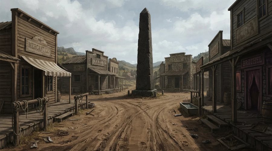 The dirt main street of a frontier town, with a stone monument in the middle