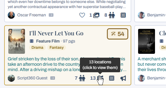 A script&rsquo;s card in the Script Library with the locations icon showing 13 locations, click to view them
