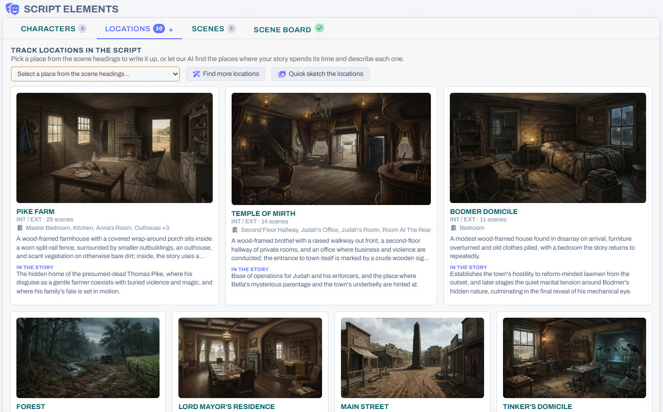 The Locations tab on a script’s page: Find more locations and Quick sketch the locations buttons above a grid of location cards, each with a picture and a description