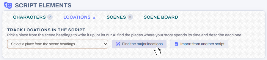 The Locations tab in Script Elements, with the Find the major locations button beside the menu of places from the scene headings