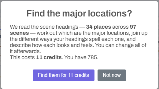 Find the major locations? 34 places across 97 scenes, with the price in credits and your balance