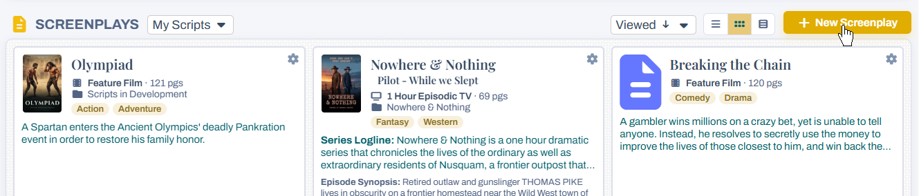 The New Screenplay button on the Dashboard