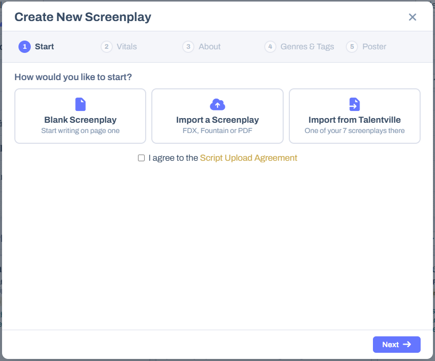The Start step of the Create New Screenplay popup