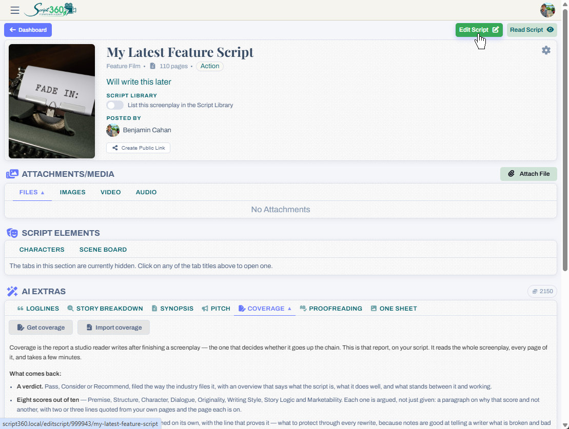 A new screenplay’s summary page