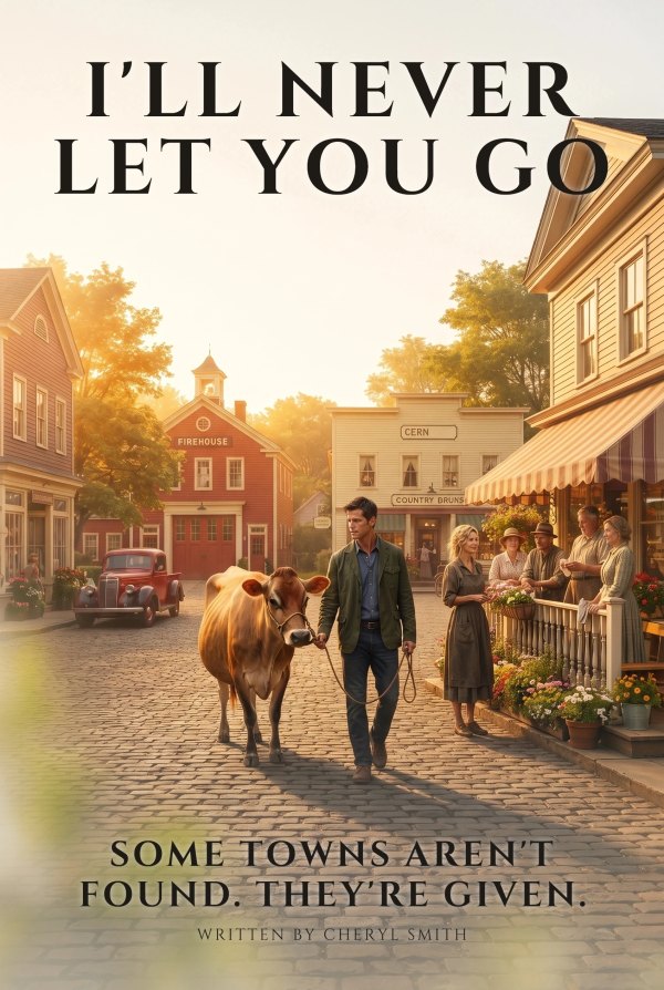 One sheet for I'll Never Let You Go: a man leading a cow down the cobbled main street of a sunlit small town, in a photographic style