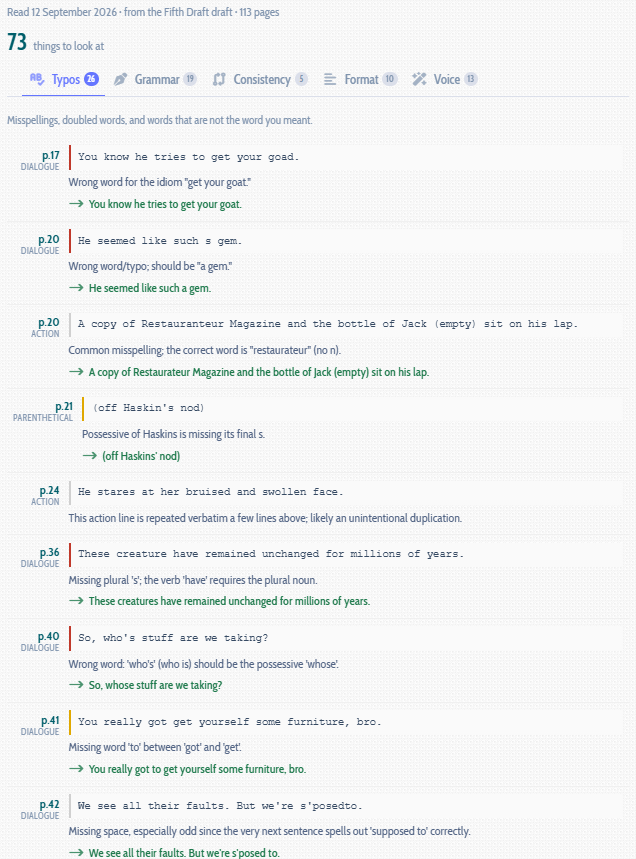 A proofreading report listing seventy-three findings across typos, grammar, consistency, format and voice, each one quoting the line, naming the page and offering a correction