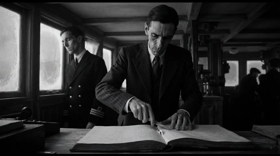 A captain tearing a page from the ship&rsquo;s log while an officer looks away