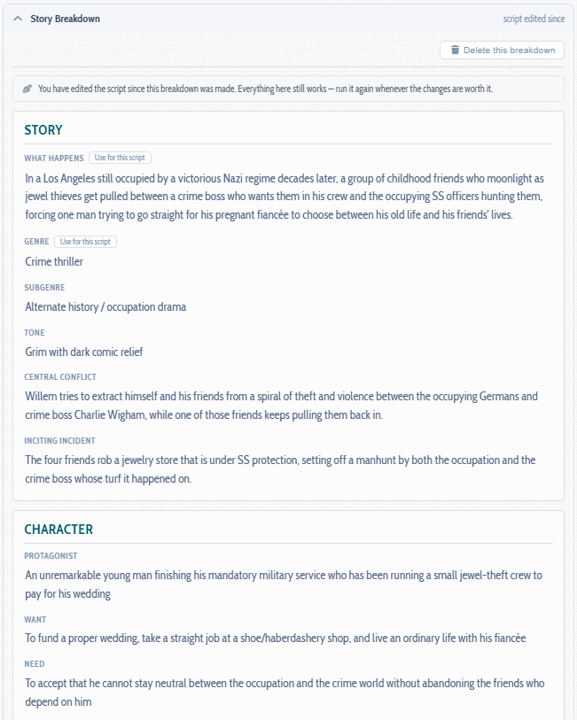 A Story Breakdown panel for a screenplay, showing what happens, genre, subgenre, tone, central conflict and inciting incident, with the protagonist's want and need below