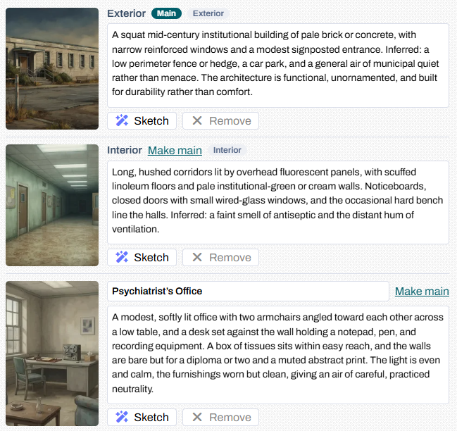 The same views sketched: the outside of the building, its corridor, and the psychiatrist’s office, all in the same style